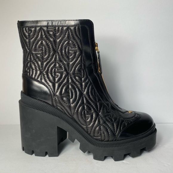 Gucci G rhombus boots block heels leather black 37.5 - Picture 3 of 13